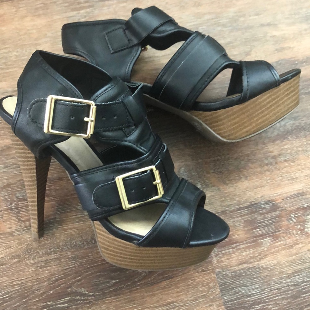 Faux Leather Heels with Gold Buckles